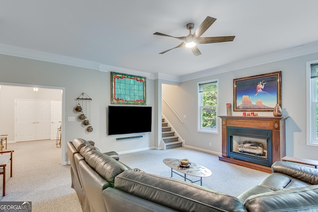 living room featuring ceiling fan, ornamental molding, and light carpet