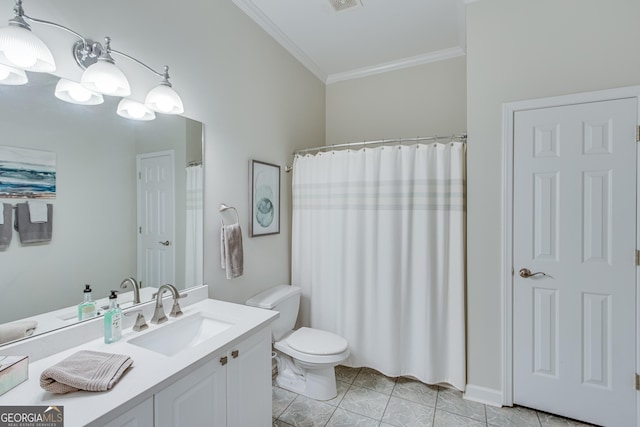 bathroom with tile patterned flooring, a notable chandelier, toilet, vanity, and crown molding