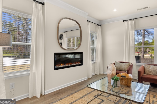 sitting room featuring crown molding and wood-type flooring