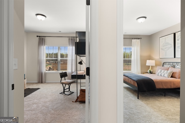 bedroom with light colored carpet