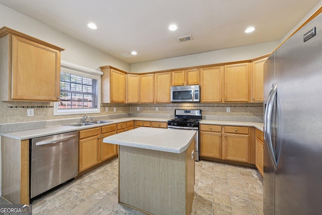 kitchen with sink, backsplash, a kitchen island, and appliances with stainless steel finishes