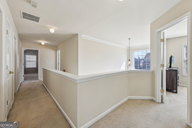 hallway featuring plenty of natural light and light carpet