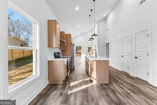 kitchen featuring pendant lighting, sink, stainless steel appliances, dark hardwood / wood-style floors, and a center island with sink