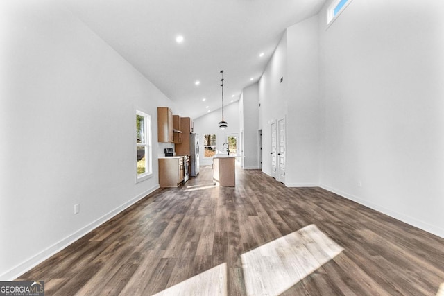 unfurnished living room with sink, a towering ceiling, and dark hardwood / wood-style floors