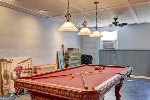 playroom featuring cooling unit, wooden ceiling, and ceiling fan