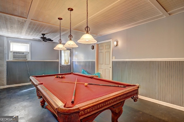 recreation room with cooling unit, pool table, and ceiling fan