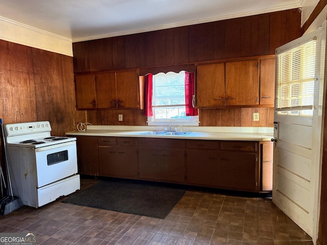 kitchen with sink, wooden walls, and white range with electric stovetop