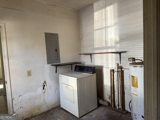 laundry area with washer / clothes dryer, electric panel, and water heater