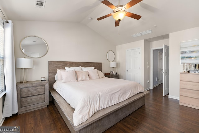 bedroom featuring vaulted ceiling, ceiling fan, and dark hardwood / wood-style flooring