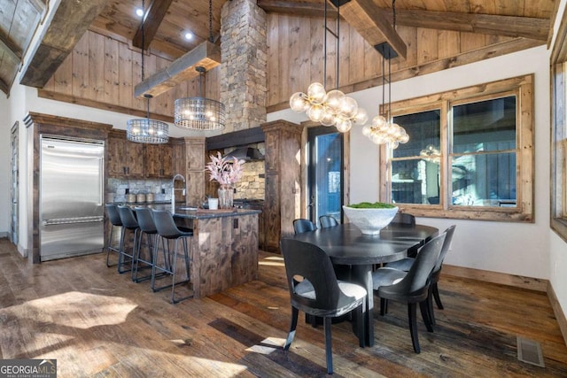 dining room featuring high vaulted ceiling, beamed ceiling, indoor bar, wood ceiling, and dark wood-type flooring