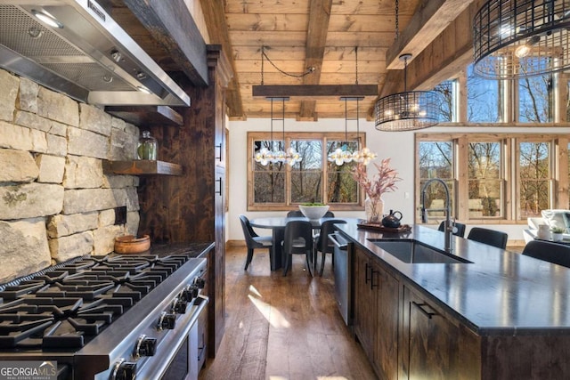 kitchen featuring dark wood-type flooring, sink, hanging light fixtures, appliances with stainless steel finishes, and wall chimney range hood