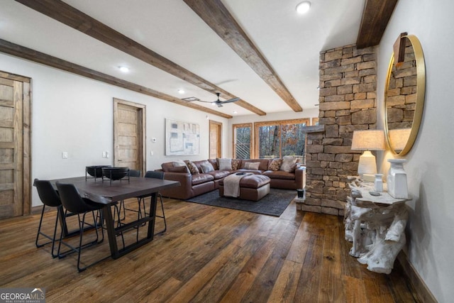 living room with dark wood-type flooring, ceiling fan, and beam ceiling