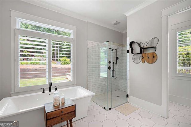 bathroom with ornamental molding and separate shower and tub