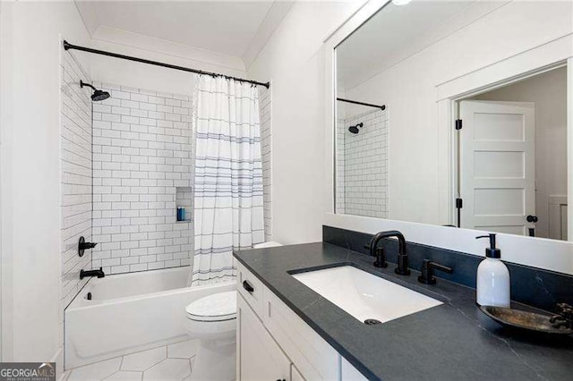 full bathroom featuring toilet, ornamental molding, vanity, and shower / tub combo with curtain