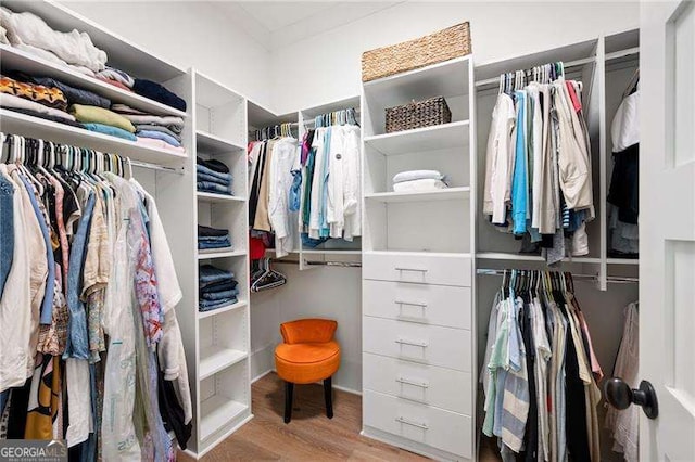 walk in closet with light hardwood / wood-style floors