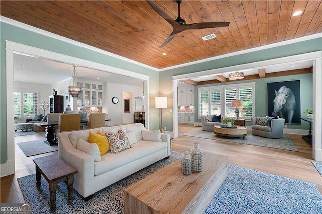 living room with hardwood / wood-style floors, ornamental molding, and wooden ceiling