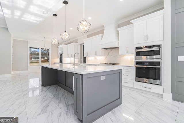 kitchen featuring cooktop, marble finish floor, stainless steel double oven, premium range hood, and backsplash