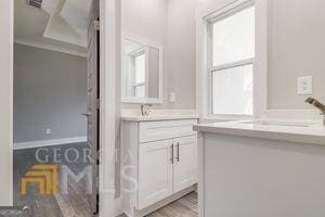 bathroom with hardwood / wood-style flooring and vanity