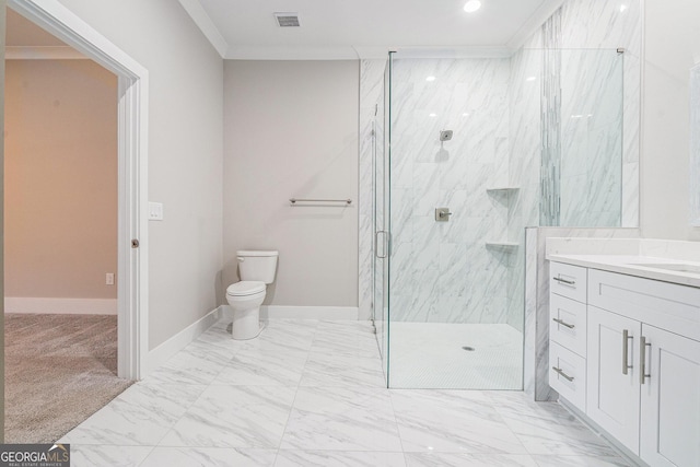 bathroom with toilet, visible vents, marble finish floor, ornamental molding, and a marble finish shower