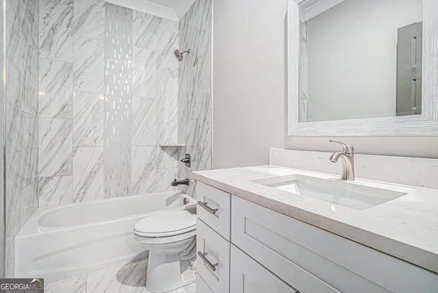 bathroom with marble finish floor, shower / bathing tub combination, vanity, and toilet