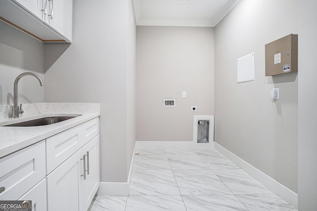 laundry room with cabinet space, ornamental molding, marble finish floor, hookup for an electric dryer, and a sink