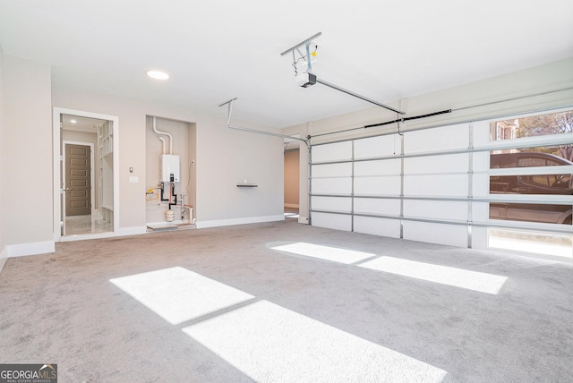 garage with water heater, baseboards, and a garage door opener