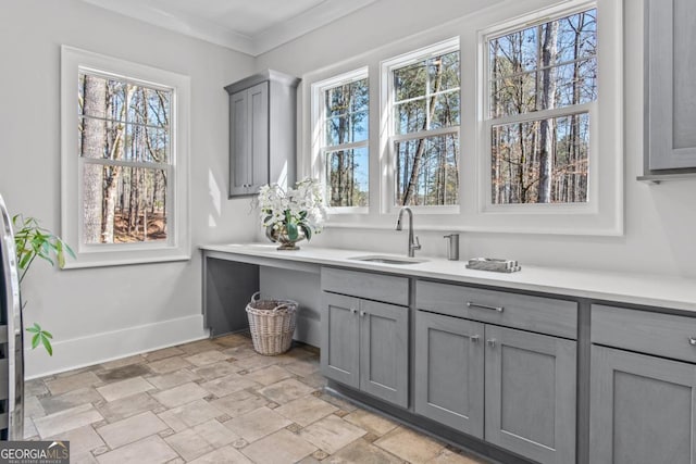 interior space with crown molding, vanity, and a wealth of natural light