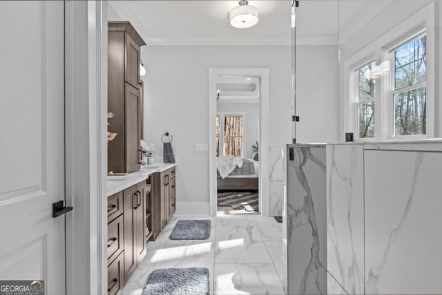 bathroom featuring a healthy amount of sunlight, vanity, and ornamental molding