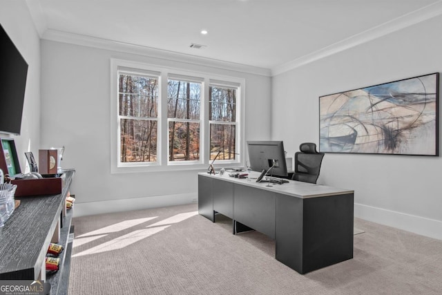 carpeted office with ornamental molding