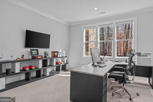 carpeted office with ornamental molding