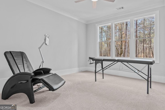 living area with ornamental molding, a wealth of natural light, light colored carpet, and ceiling fan