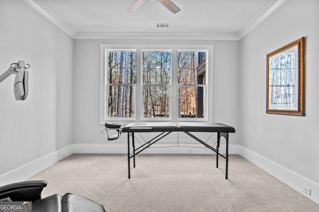 carpeted home office featuring crown molding and ceiling fan