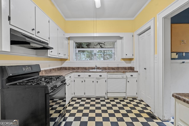 kitchen featuring sink, crown molding, black gas stove, dishwasher, and white cabinets