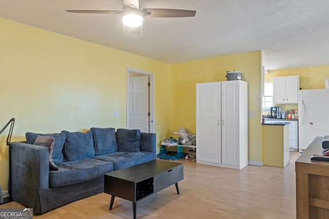 living room featuring ceiling fan, a textured ceiling, and light hardwood / wood-style floors