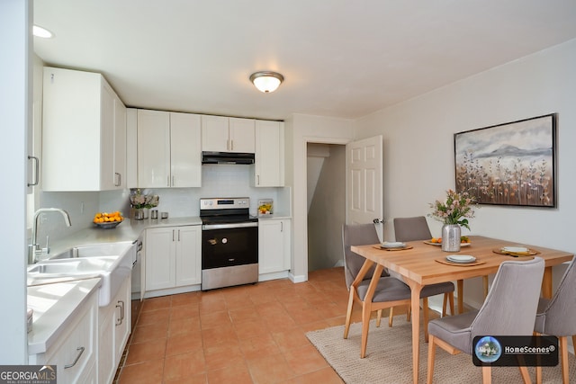 kitchen featuring white cabinetry, sink, electric range, and backsplash