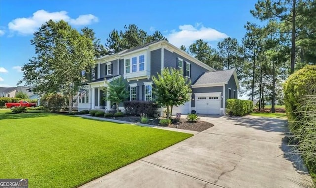 colonial house featuring a garage and a front lawn