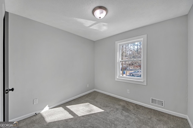 carpeted empty room featuring a textured ceiling