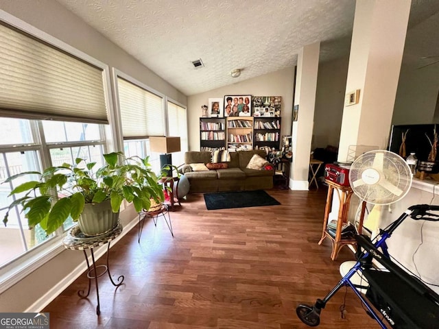 interior space featuring dark wood-type flooring, vaulted ceiling, and a textured ceiling