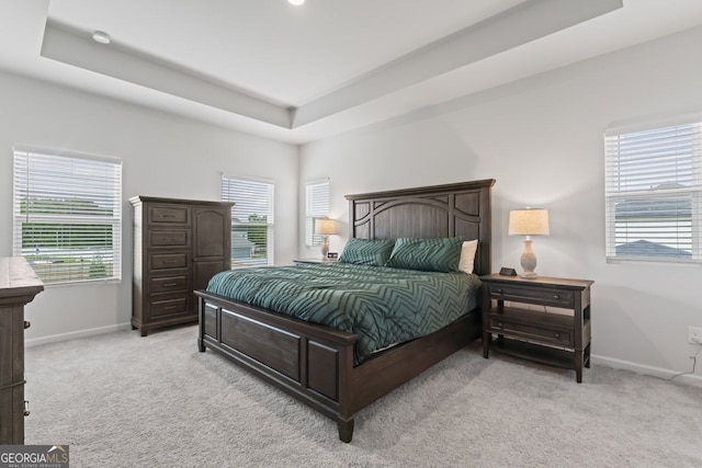 carpeted bedroom with multiple windows and a raised ceiling