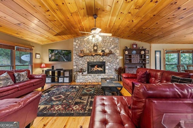 living room featuring lofted ceiling, a fireplace, wood ceiling, and wood-type flooring