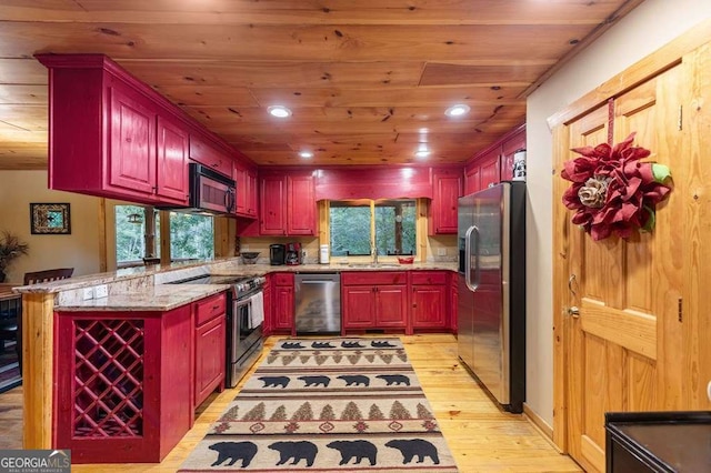 kitchen featuring wood ceiling, stainless steel appliances, kitchen peninsula, and light hardwood / wood-style flooring