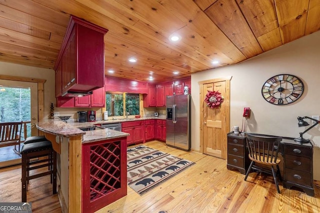 kitchen featuring stainless steel appliances, light hardwood / wood-style flooring, wood ceiling, and kitchen peninsula