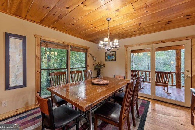 dining area featuring a chandelier, wooden ceiling, and light hardwood / wood-style floors