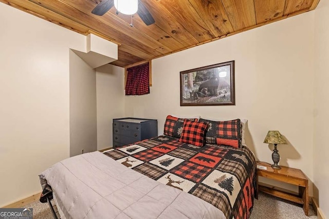 bedroom featuring wooden ceiling and ceiling fan