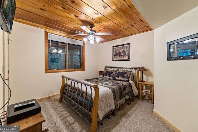 bedroom featuring carpet and wood ceiling