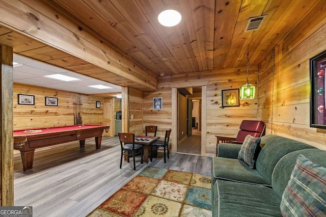 game room featuring billiards, wooden walls, hardwood / wood-style floors, and wooden ceiling