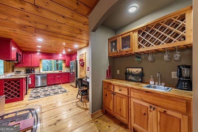 kitchen featuring stainless steel appliances, sink, wood ceiling, and light wood-type flooring