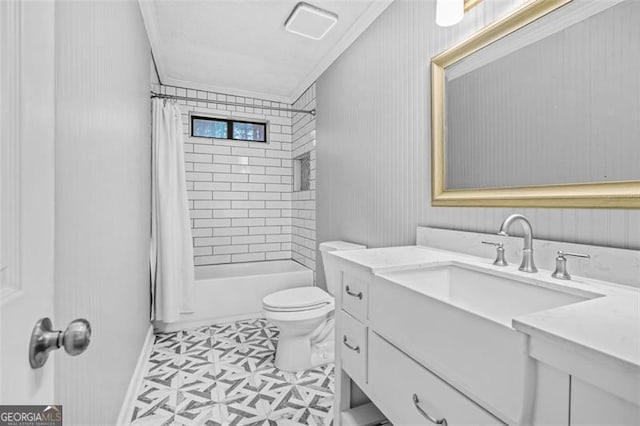 full bathroom featuring vanity, ornamental molding, toilet, and shower / bathtub combination with curtain