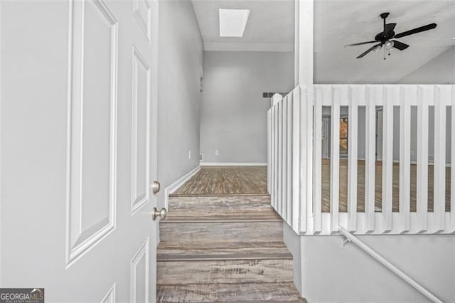 stairway with hardwood / wood-style floors, a skylight, and ceiling fan