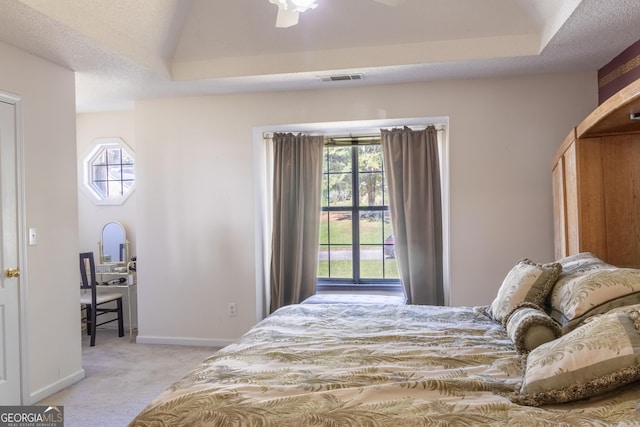 bedroom featuring light colored carpet, a raised ceiling, and a textured ceiling